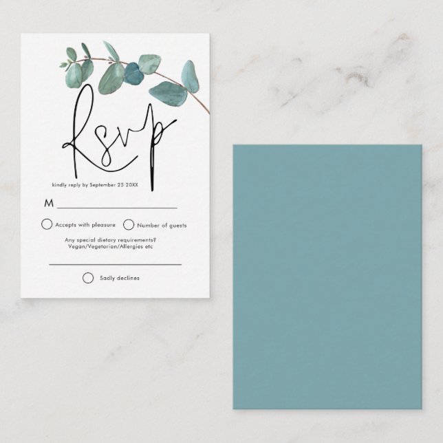 MINI SIZE Turquoise Eucalyptus Elegant Script RSVP Card (Front/Back)