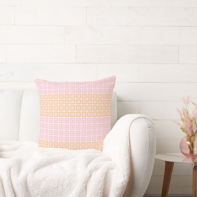 Mini Squares In Squares Pastel Orange Pink Cushion (Couch)