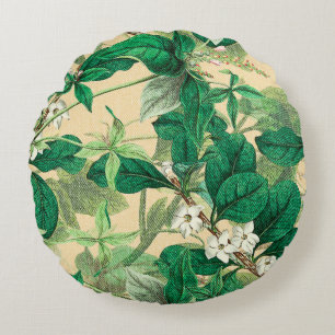 Mini white flowers with leaves pattern round cushion