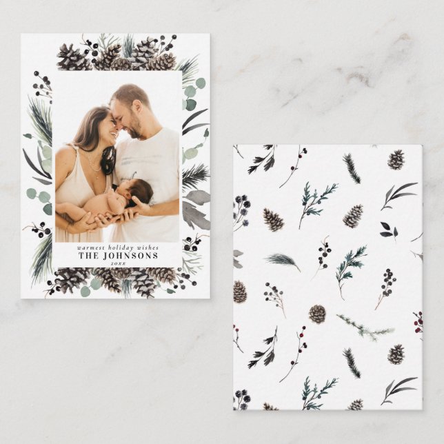 Mini Winter Pine Berry Christmas Family Photo Card (Front/Back)