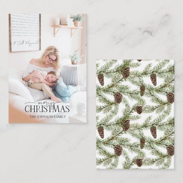 Mini Winter Pine Cone Berry Merry Christmas Photo Card (Front/Back)