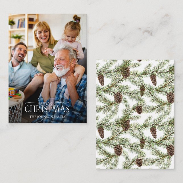 Mini Winter Pine Cone Berry Photo Merry Christmas Card (Front/Back)
