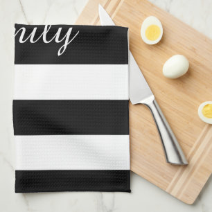 Minialist Black & White Stripes Pattern Name Print Tea Towel