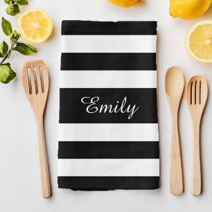 Minialist Black & White Stripes Pattern Name Print Tea Towel