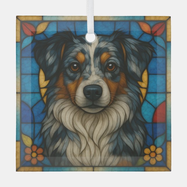 Miniature American Shepherd Merle "Stained Glass"  Glass Tree Decoration (Front)
