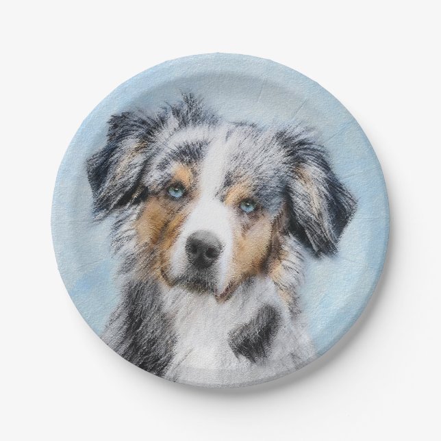 Miniature American Shepherd Painting - Dog Art Paper Plate (Front)