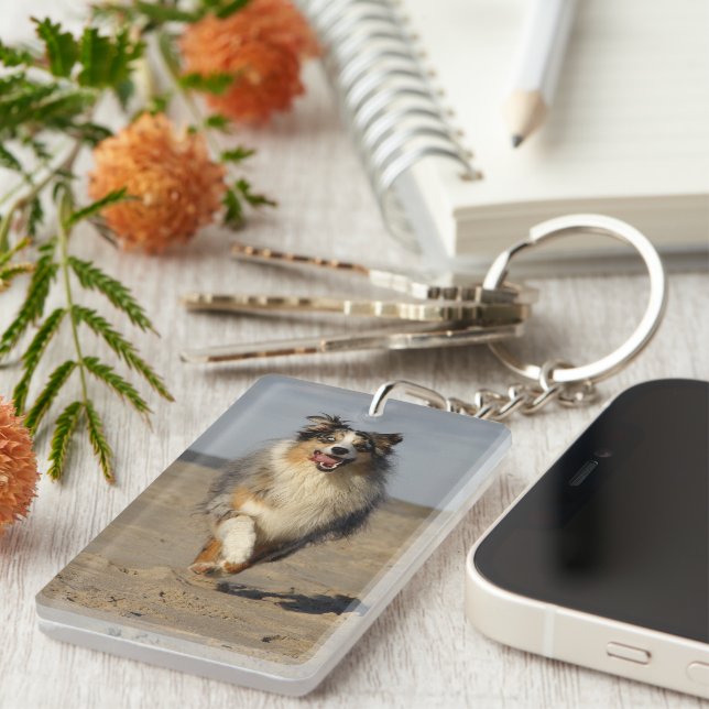 Miniature American Shepherd Running On Beach Key Ring (Front Right)
