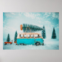 Miniature antique car carrying christmas tree on r