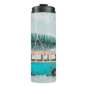 Miniature antique car carrying christmas tree on r thermal tumbler
