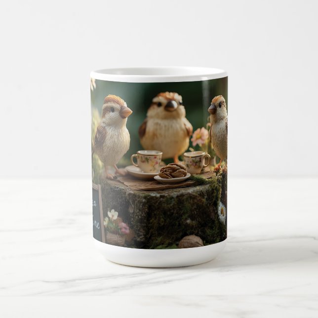 Miniature Bird Figurines Having a Forest Tea Party Coffee Mug (Center)