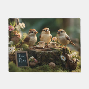 Miniature Bird Figurines Having a Forest Tea Party Doormat