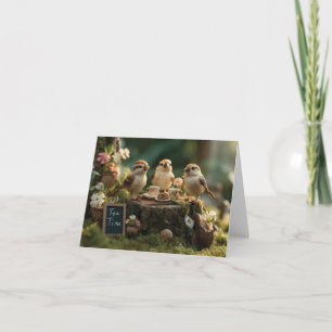 Miniature Bird Figurines Having a Forest Tea Party Holiday Card