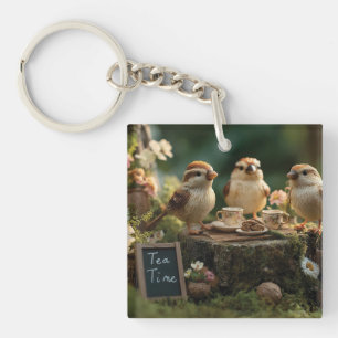 Miniature Bird Figurines Having a Forest Tea Party Key Ring