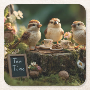 Miniature Bird Figurines Having a Forest Tea Party Square Paper Coaster