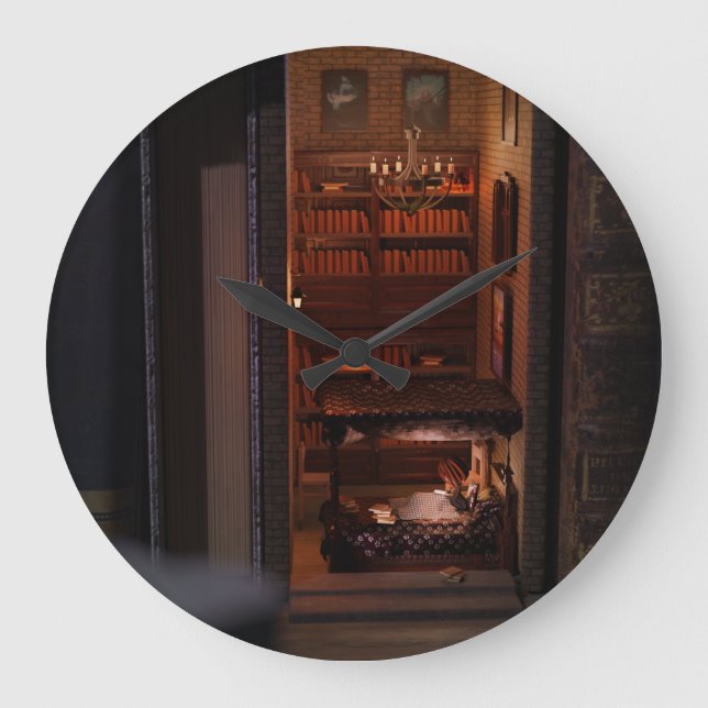 Miniature book nook diorama - reading in bed large clock (Front)