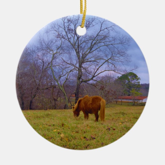 Miniature brown horse blustery sky ceramic tree decoration (Front)