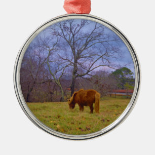 Miniature brown horse blustery sky metal ornament