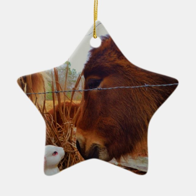 Miniature Brown horse & Easter Bunny Ceramic Ornament (Front)