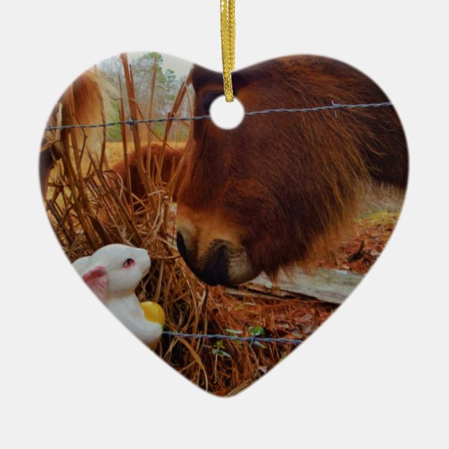 Miniature Brown horse & Easter Bunny Ceramic Ornament (Front)