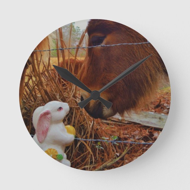 Miniature Brown horse & Easter Bunny Round Clock (Front)