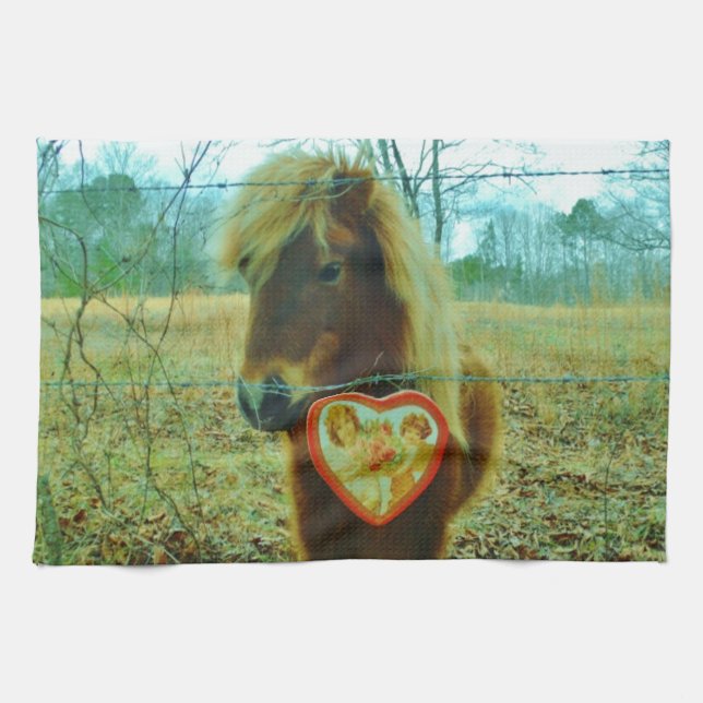 Miniature Brown horse Valentine Heart Tea Towel (Horizontal)