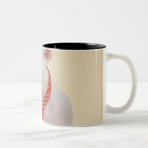 Miniature Bull Terrier looking at laptop, Two-Tone Coffee Mug
