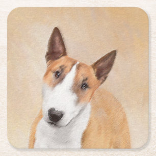 Miniature Bull Terrier Painting - Cute Original Do Square Paper Coaster