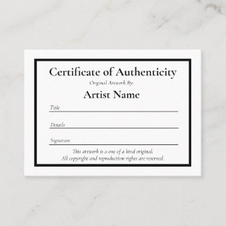 Miniature Certificate of Authenticity for Art