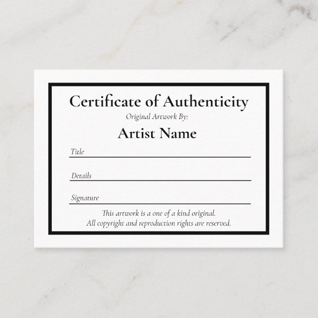 Miniature Certificate of Authenticity for Art (Front)