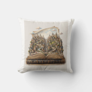 Miniature City Inside an Open Book – Fantasy Book Cushion