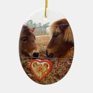 Miniature Donkey & Horse Valentine Heart Ceramic Ornament