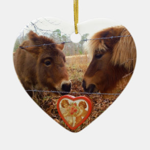 Miniature Donkey & Horse Valentine Heart Ceramic Ornament
