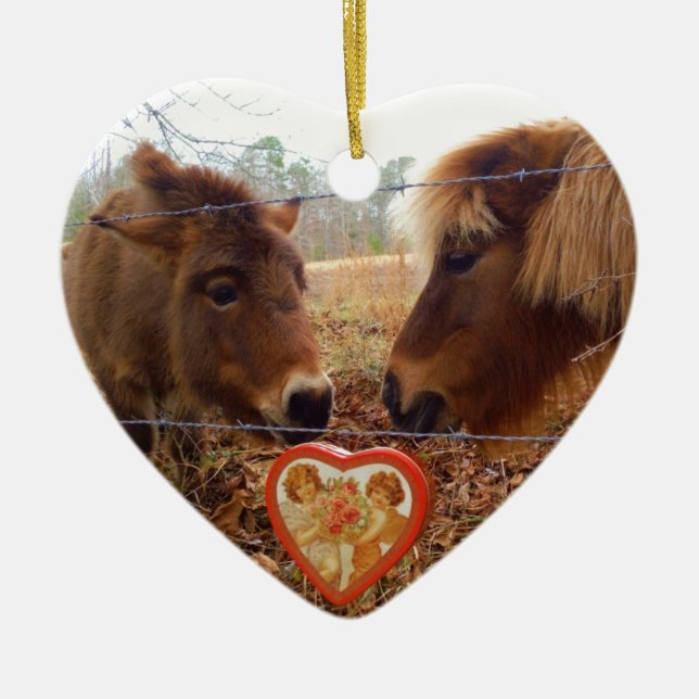 Miniature Donkey & Horse Valentine Heart Ceramic Ornament (Front)