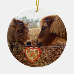 Miniature Donkey & Horse Valentine Heart Ceramic Ornament