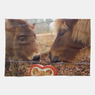 Miniature Donkey & Horse Valentine Heart Tea Towel