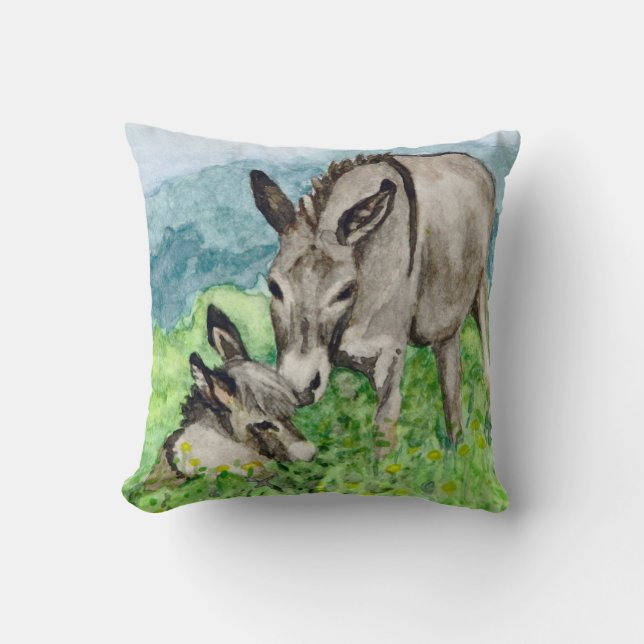 Miniature Donkey Mum and Baby Watercolor Art Cushion (Front)