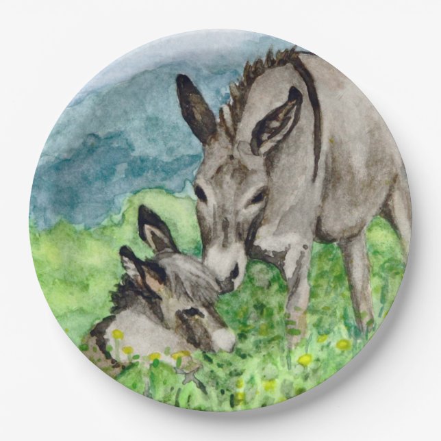 Miniature Donkey Mum and Baby Watercolor Art Paper Plate (Front)