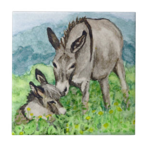 Miniature Donkey Mum and Baby Watercolor Art Tile