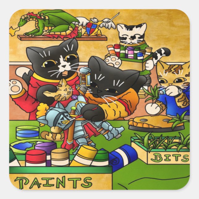 Miniature Knight Cat Model Painting Cats Jigsaw Pu Square Sticker (Front)