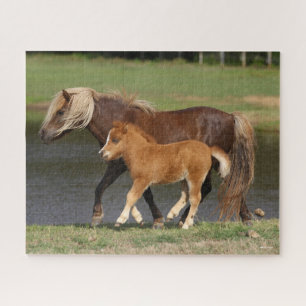 Miniature Mare and Foal Walking By Lake Jigsaw Puzzle