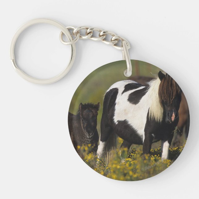 Miniature Mare & Foal in the Flowers Key Ring (Front)