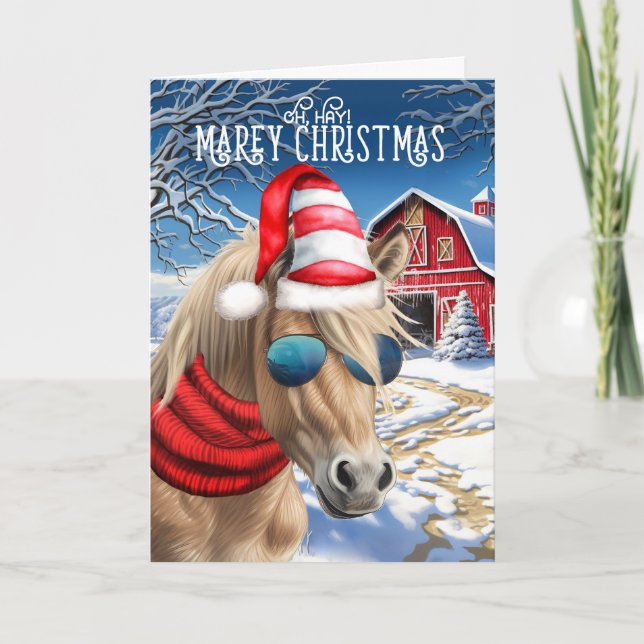 Miniature Palomino Horse Funny MAREy Christmas Holiday Card (Front)