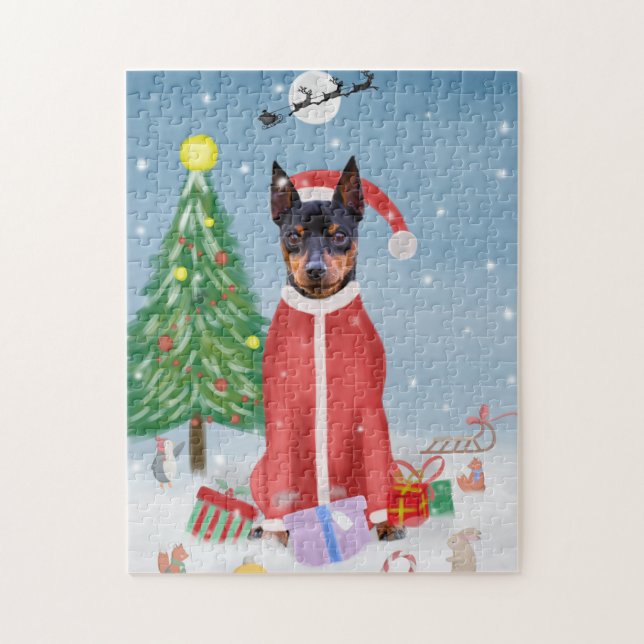 Miniature Pinsch Dog in Snow with Christmas Gifts  Jigsaw Puzzle (Vertical)