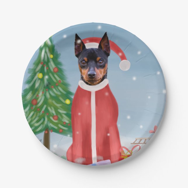 Miniature Pinsch Dog in Snow with Christmas Gifts  Paper Plate (Front)