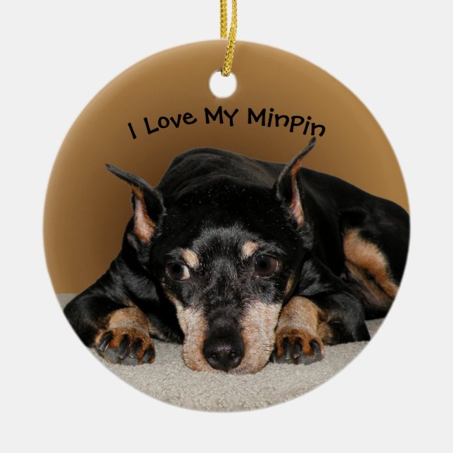 Miniature Pinscher aka Min Pin with Pet Name Ceramic Ornament (Front)