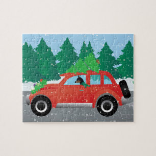 Miniature Pinscher Christmas Car Jigsaw Puzzle