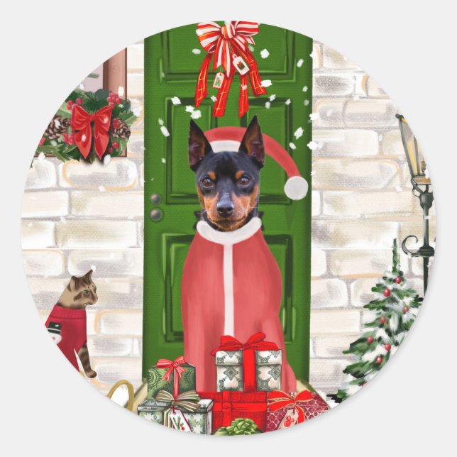 Miniature Pinscher Dog Christmas  Classic Round Sticker (Front)