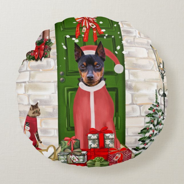 Miniature Pinscher Dog Christmas Round Cushion (Front)
