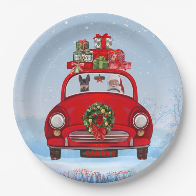Miniature Pinscher Dog In Car With Santa Claus Paper Plate (Front)