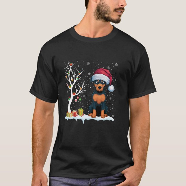 Miniature Pinscher Dog Santa Hat Festive Tree Ligh T-Shirt (Front)